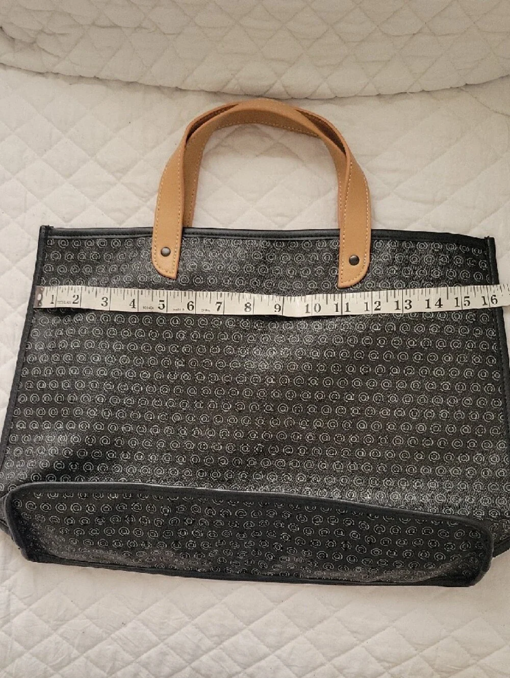 Black Patterned Laptop Tote with Tan Handles